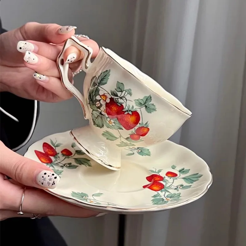 Coffee Cups and Saucers with Strawberry Pattern,Ceramic Bone China with Spoon,Tea Pot Plate Bowl, Sold Separately, Wedding Gifts