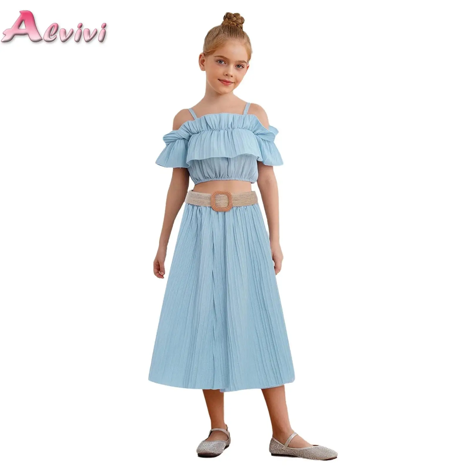 

Kid Girls Cute Princess Clothes Set Off-Shoulder Ruffle Camisole Crop Top with Skirt and Belt for Birthday Party Wedding Holiday