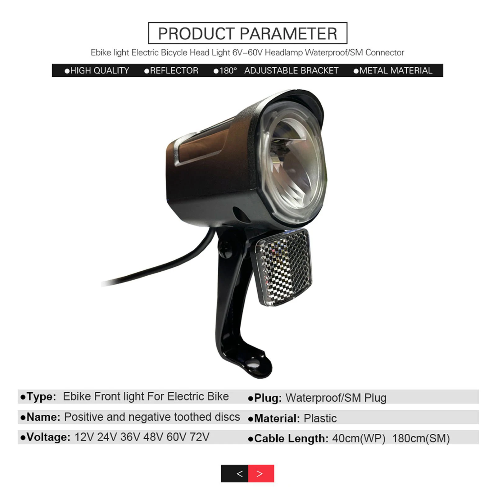 ZK30 Electric Bike Front Light DC12V to 72V LED Light SM/ Plug 2 Pin Durable ABS Ebike Headlight for Electric Bike