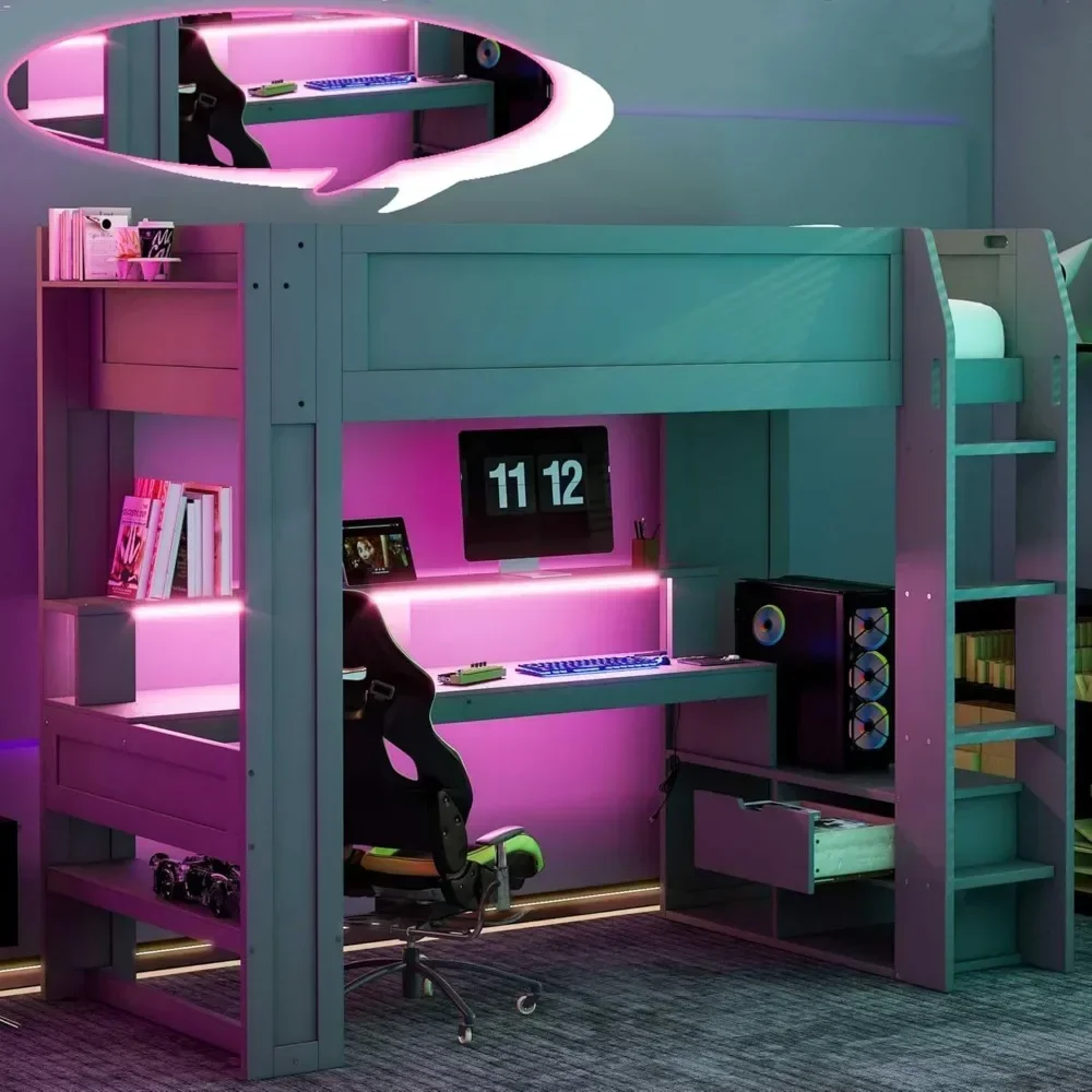 

Twin Size Gaming Loft Bed with Desk, LED and Charging Station, Wood Loft Bed Frame with Multi-storage Shelves, Dark Gray