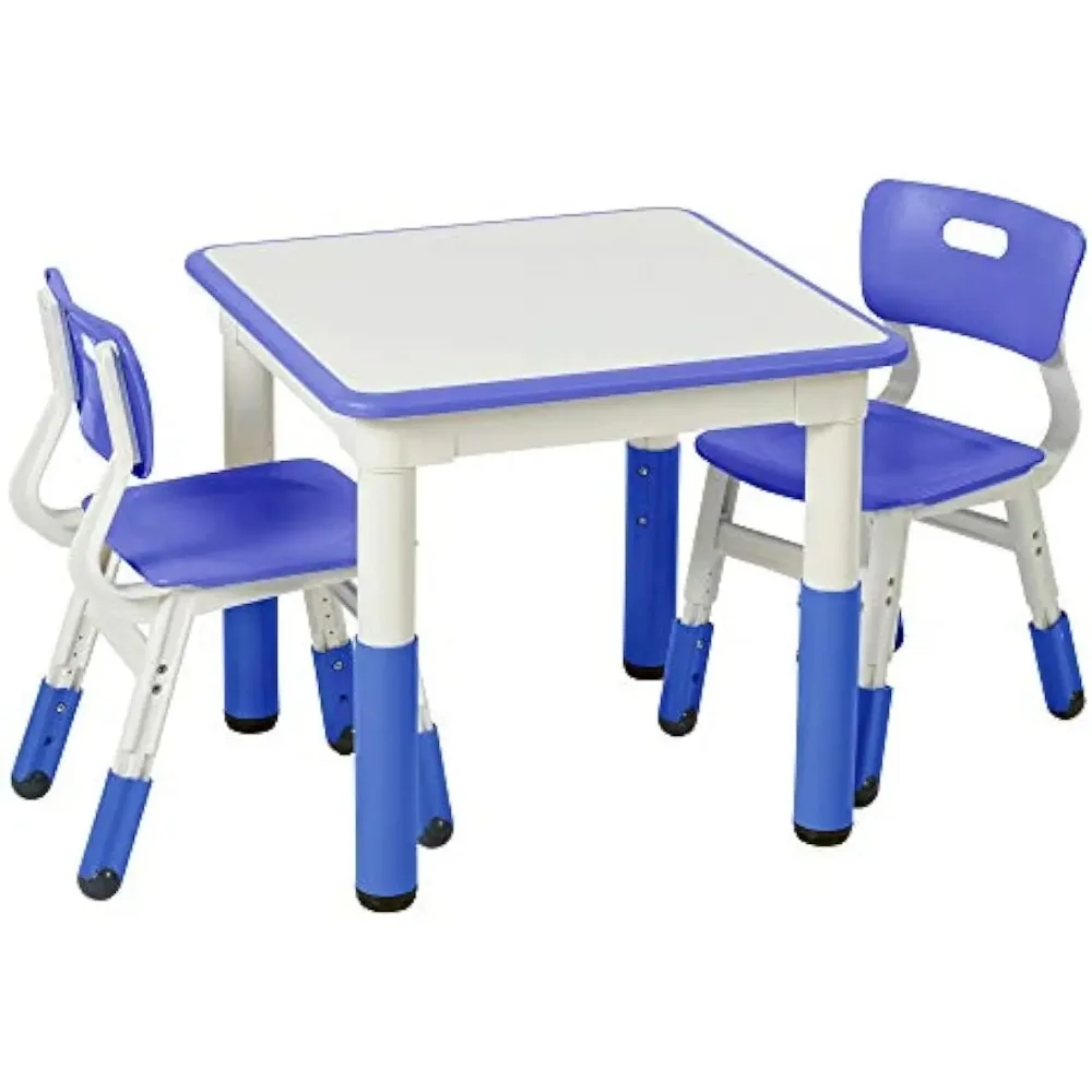 Dry-Erase Square Activity Table with 2 Chairs, Adjustable, Kids Furniture, Blue, 3-Piece