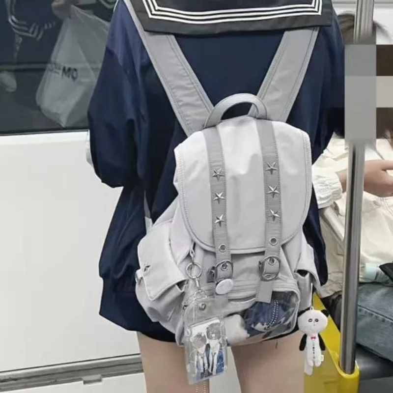 Star Striped Itabag Backpacks Y2K Korean Harajuku Functional Striped Zipper High Capacity Unisex Backpack Women's Handbag New