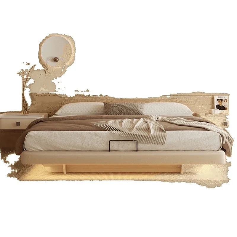 

modern cream simple small apartment master bedroom double bed, Italian light luxury air pressure high box bed