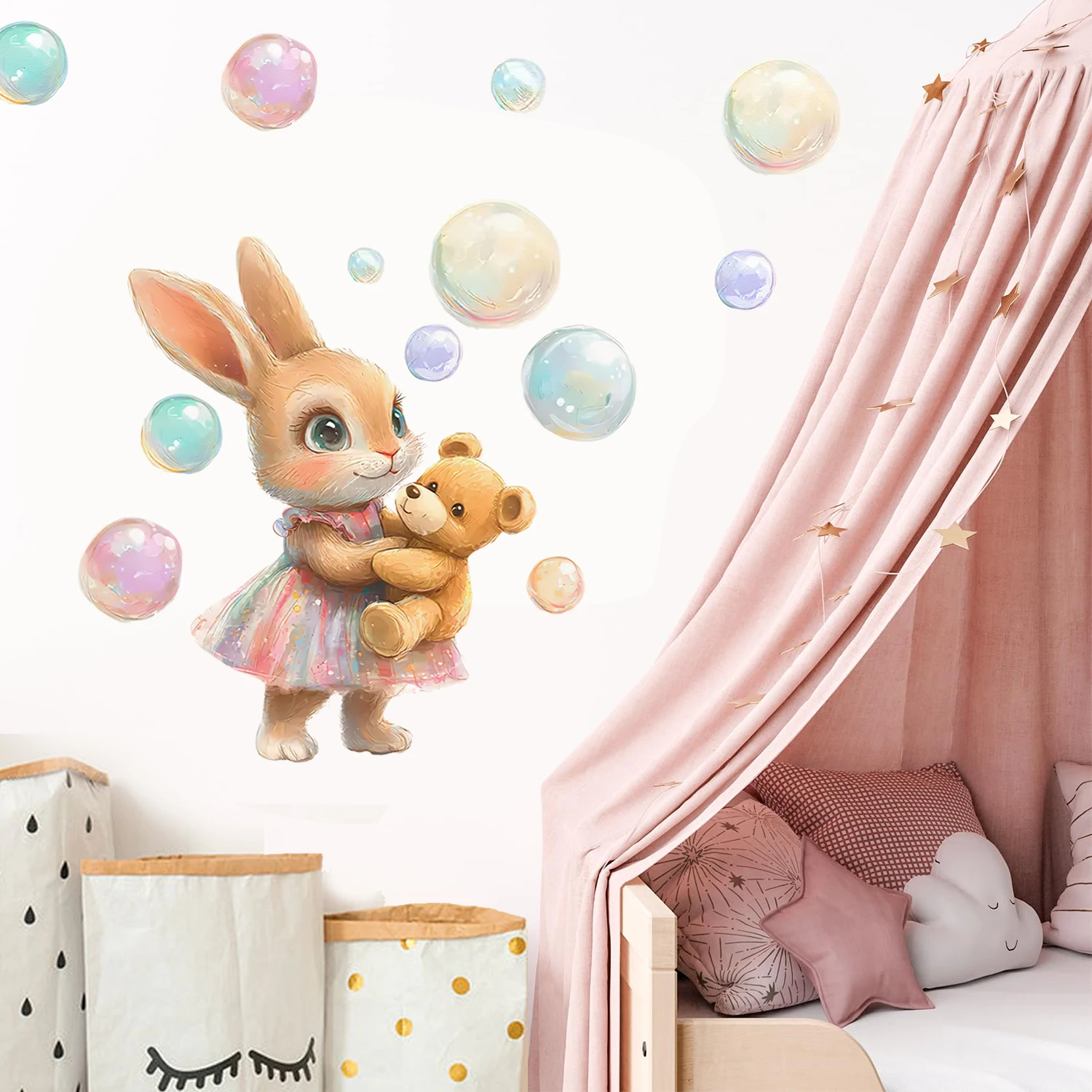 

Cartoon Bunny and Bear colorful Bubbles Wall Sticker Child Room Bathroom Car Refrigerator Girls Bedroom Living Room Door Decor