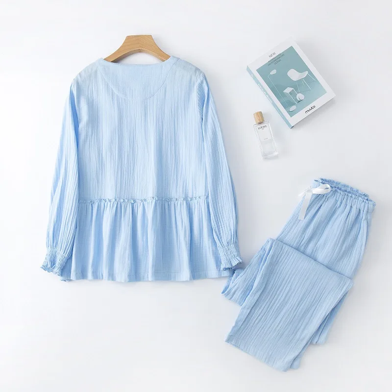 Autumn New Cotton Home Clothes Women's French Court Style Sleepwear Long Sleeve Pants Pajama Set Fashion Blue Fresh Nightwear