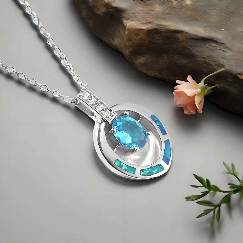 

Gorgeous 925 Sterling Silver Geometric Blue Cubic Zircon Crystal Pendant Necklaces For Women Girls Wedding Party Jewelry Gifts