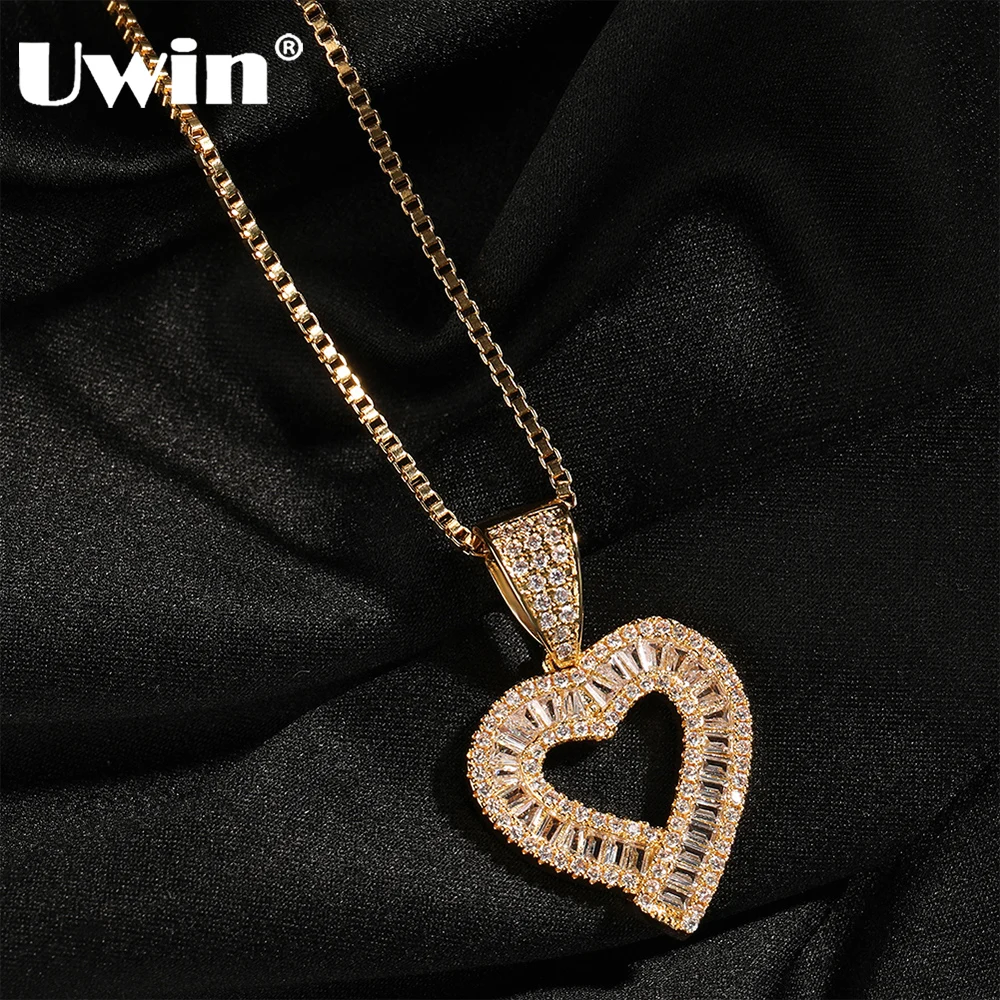 UWIN Baugettecz Heart Charms for Women Iced Out Cubic Zircoina Heart Pendant Necklaces Fashion Jewelry for Gift