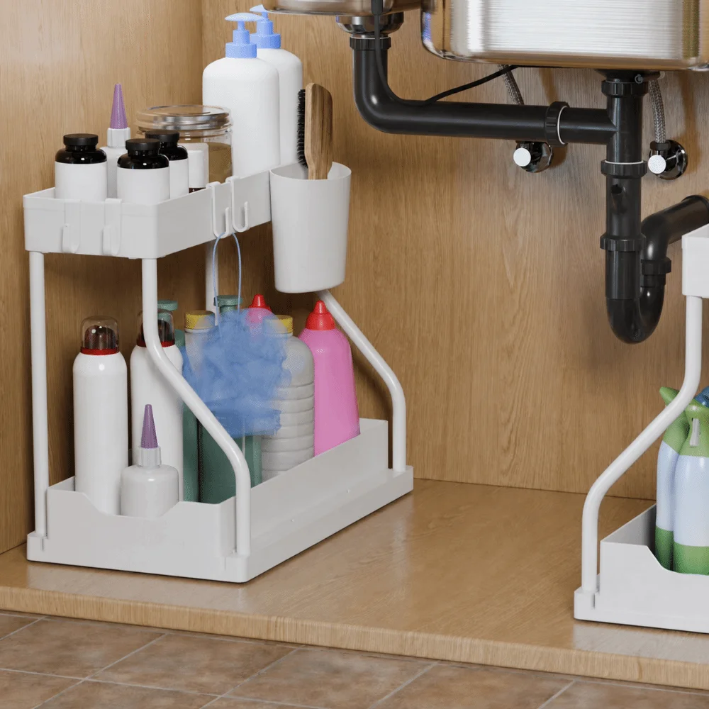 2-Tier Under Sink Organizer Pull-out with Hook Cabinet Storage Box Space Saving Drawer Storage Rack Countertop Storage