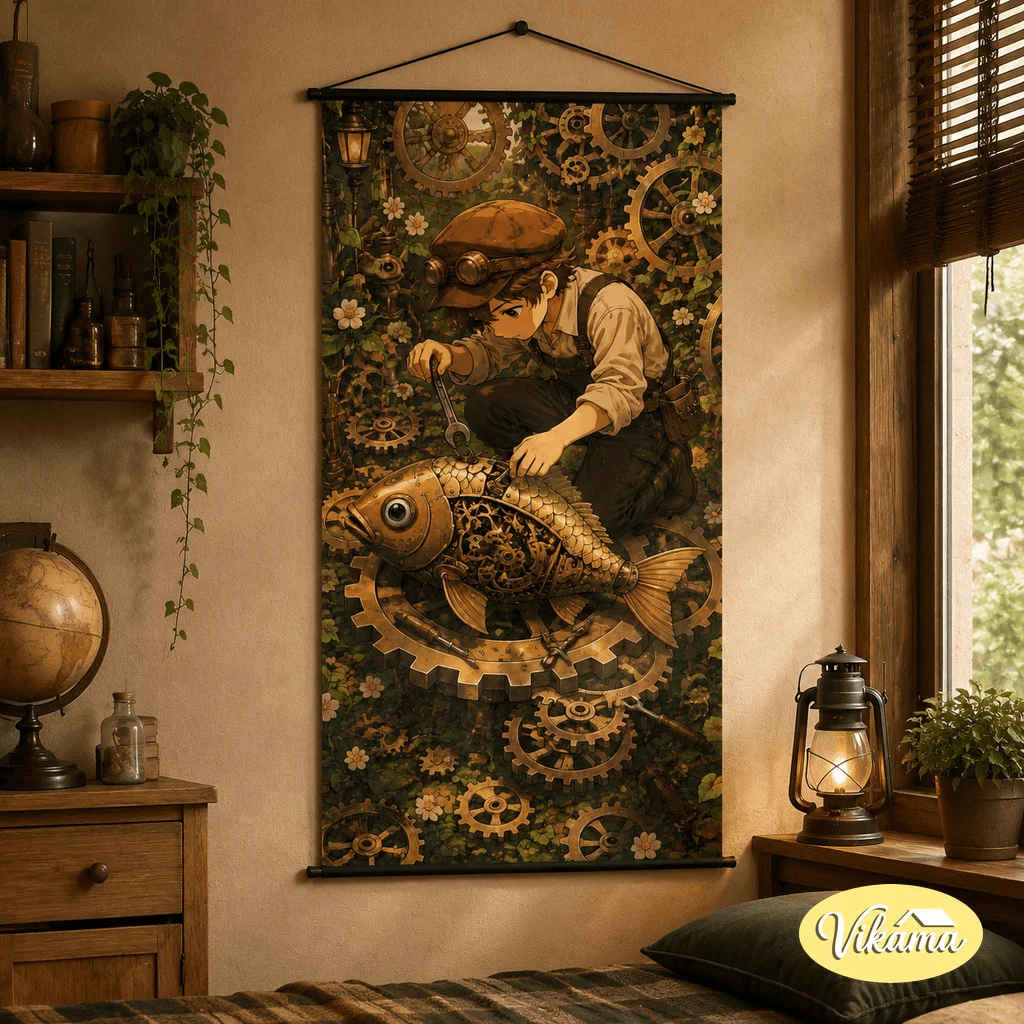 VIKAMA Retro Steampunk Girl Tapestry Wall Hanging Industrial Gear Clockwork Flower Wall Art Poster for Bedroom Home Decor