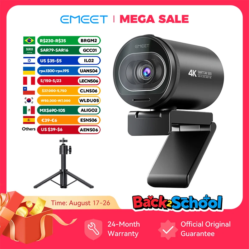 4K Webcam EMEET S600 SmartCam With Tripod USB Camera for Computer/Laptop Autofocus Sony Sensor 60FPS@1080P Streaming Web Camera