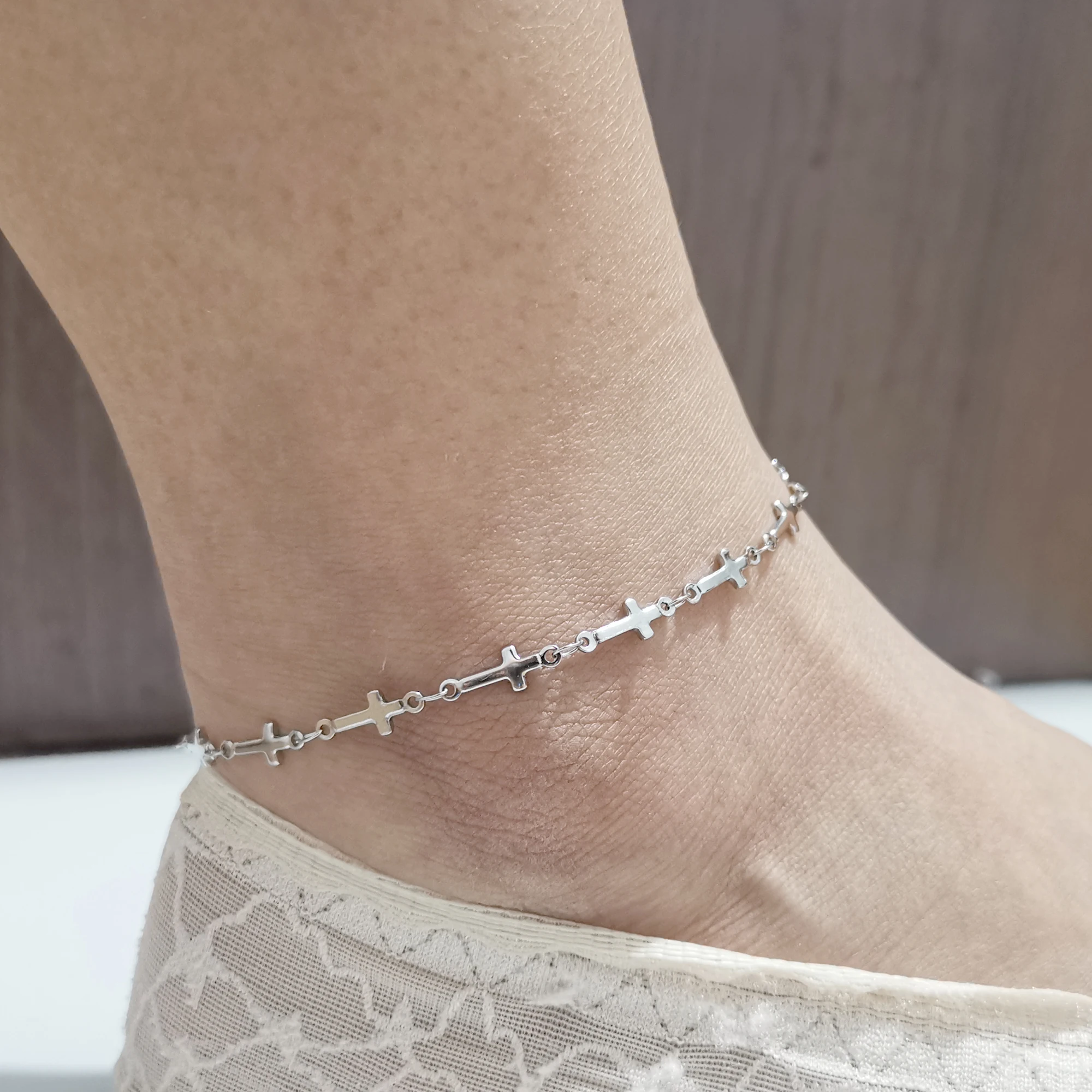 Ｗomen Anklet / Bracelet Cross Chain Link Stainless Steel Jewelry for Summer Bling 8inch -10inch Choose Silver