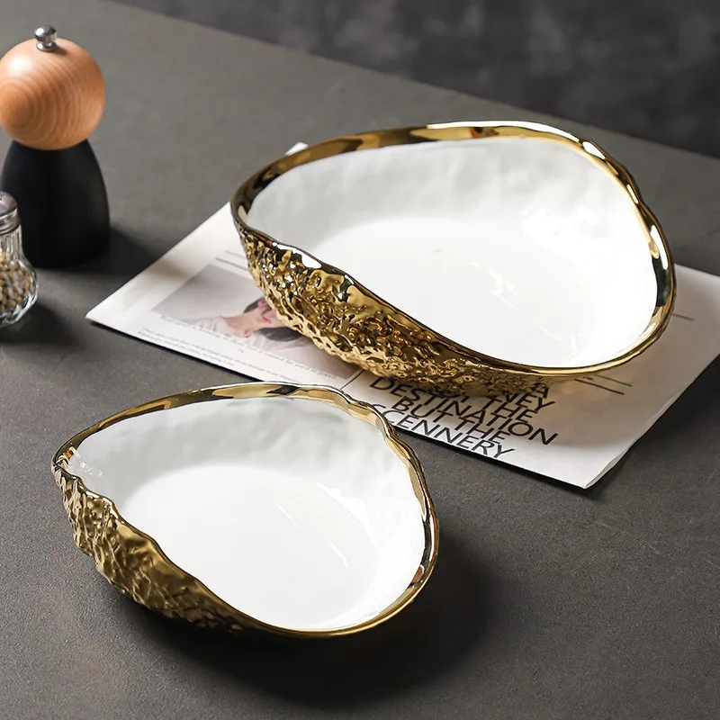 1Pcs Shell Shaped Stone Pattern Household Gold Plated Ceramic Steamed Fish Soup Plate Hotel Fruit Salad Dessert Tableware