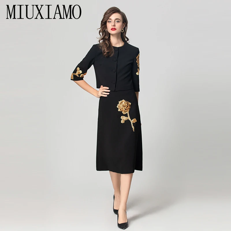 MIUXIMAO 2024 Fall Elegant Set O-Neck Sequin Golden flower Jacket+ Skirt Fashion Two-piece Set Women Vestides