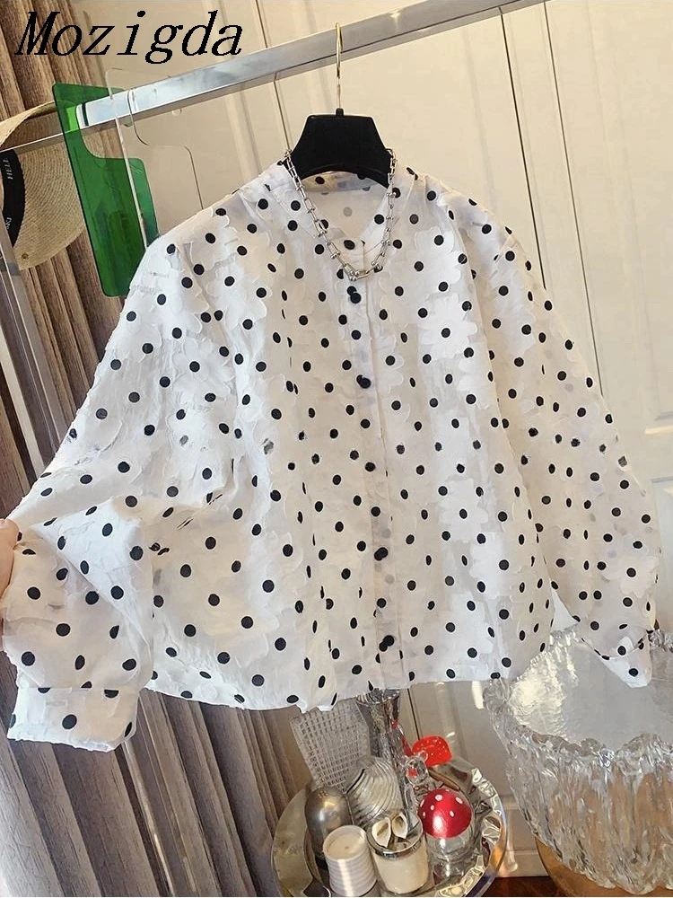 

Spring Autumn Women Clothing Fashion Polka Dot Print Shirt Vintage Temperament Shirt O-Neck Long Sleeve Loose Blouse Ladies Tops