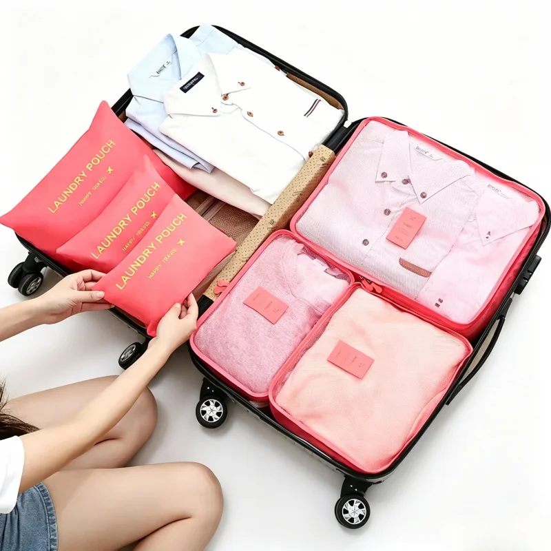 6Pcs Travel Luggage Organizer Bag Set, Large Capacity Suitcase Storage Pouches for Clothes, Shoes & Socks Sorting