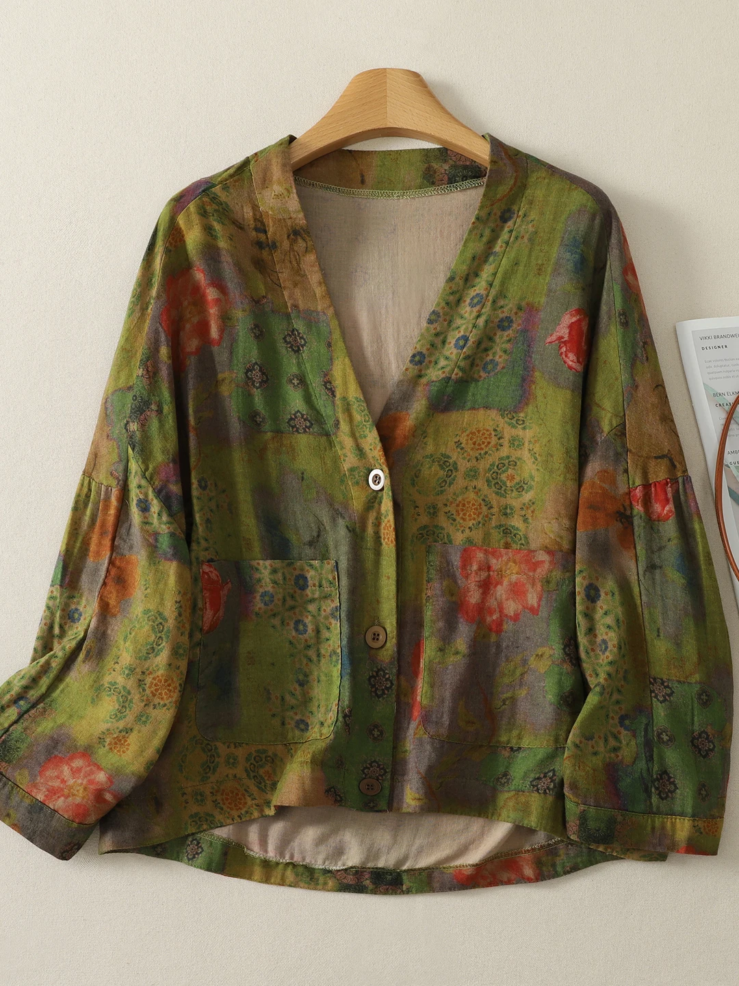 Retro Print Cotton Jacket with Large Pockets Double Layer Artistic Women's Short Outerwear Floral Plant Pattern Autumn Top