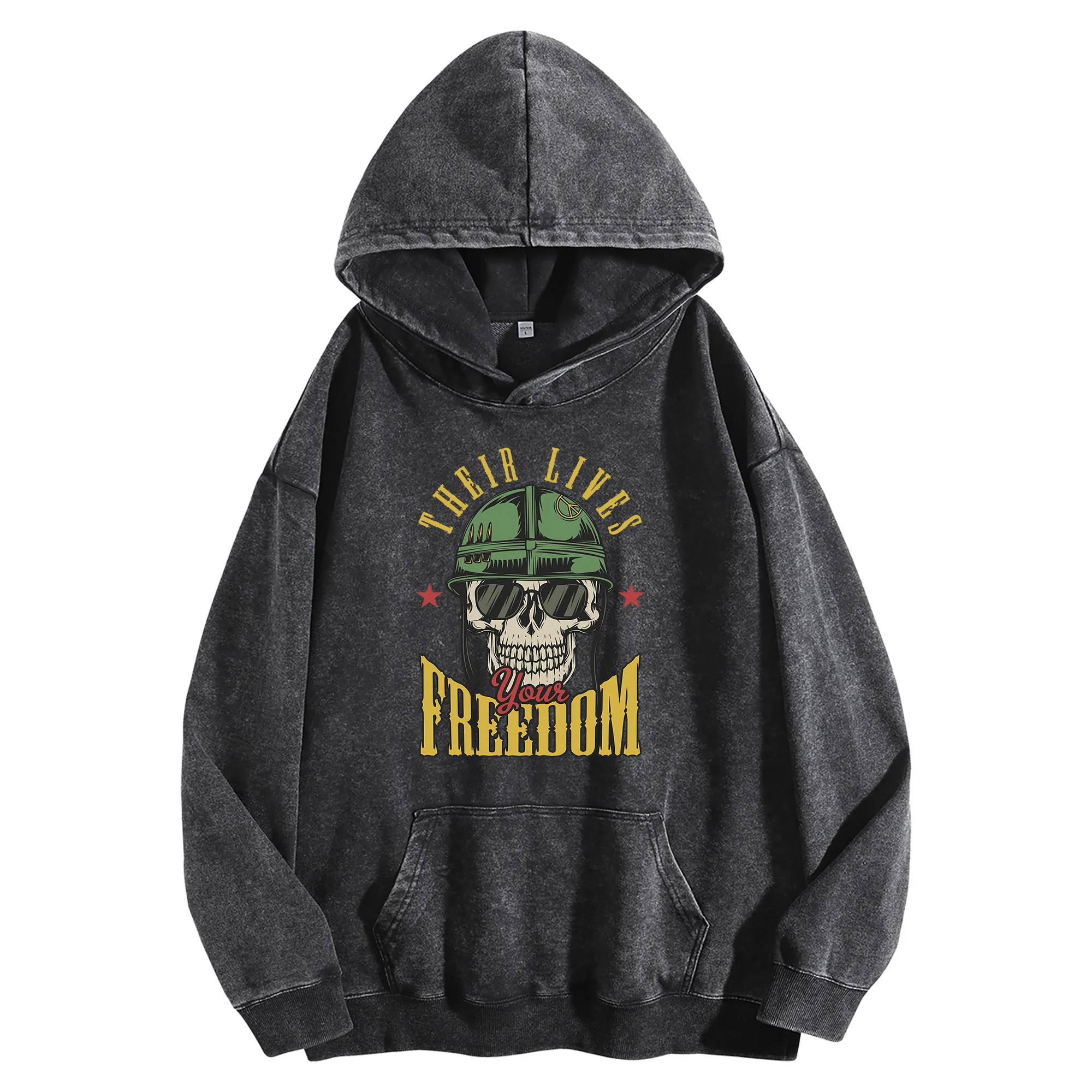 الهيكل العظمي الجندي الرسم طباعة 400G خمر غسلها هوديي للجنسين المتضخم الشارع الشهير البلوز مجموعة الخريف/الشتاء