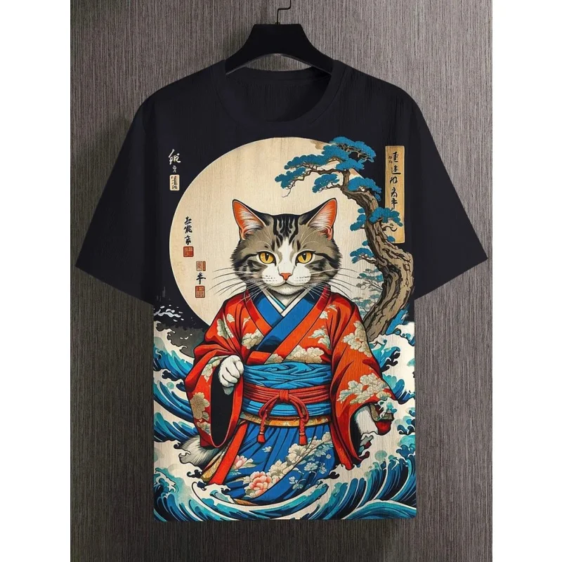 

Bird Cat Raccoon Pattern T Shirt for Men Waves Moon Animal 3D Printed Tees Casual Short Sleeve Round Neck Tops Street T-Shirts