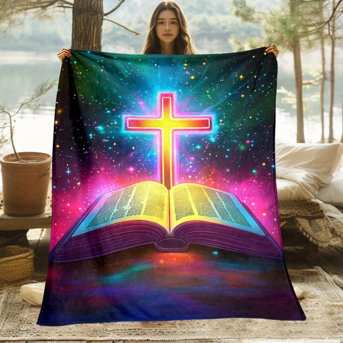 1pc Cross and Bible Religious Blanket - Ultra-Soft Lightweight Flannel Throw with Neon Gospel Book