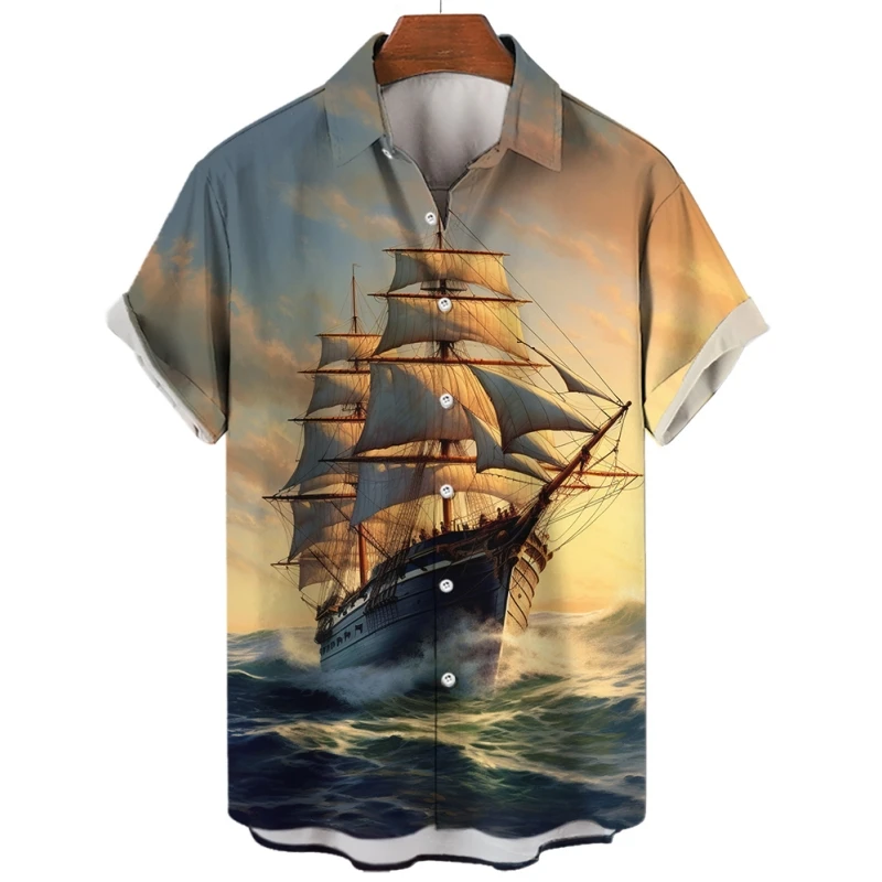 Hawaiiaans Heren Overhemd Met Losse Print Zeilboot Met Korte Mouwen En Grafisch T-Shirt Met Revers En Knoop Strandfeestkleding Oversized Heren Top