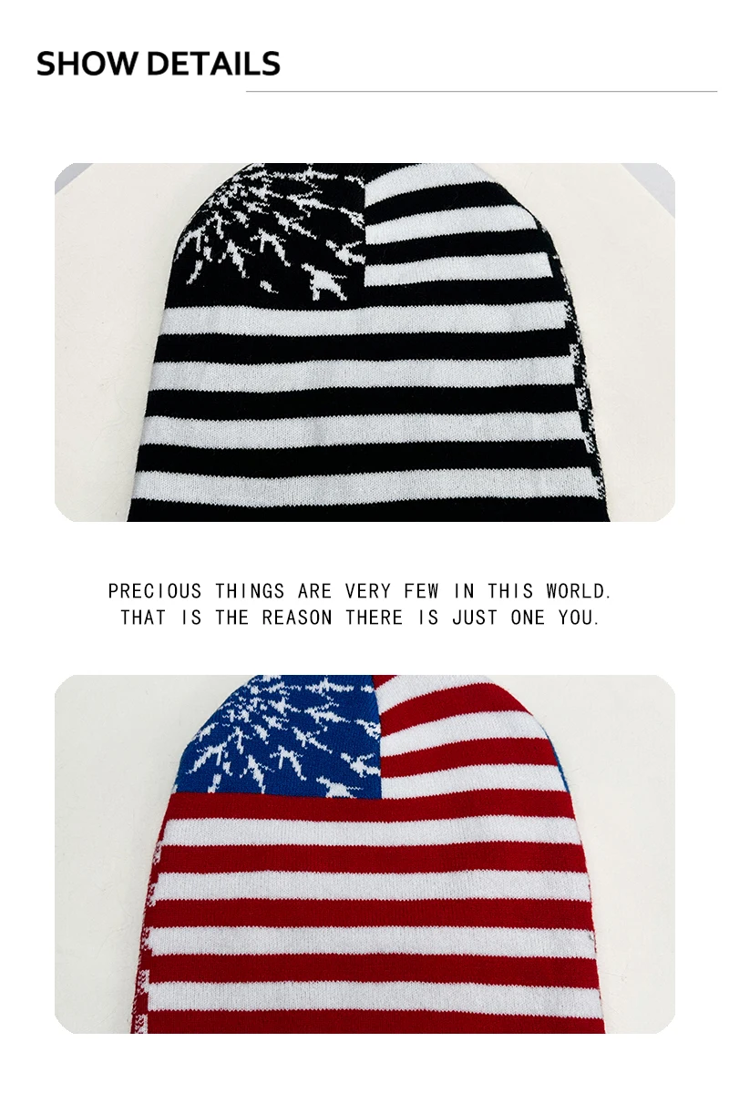 Neue Herren- und Damenmützen im amerikanischen Retro-Jacquard-Stil mit Flaggenmuster, gestreift, warm, farblich abgesetzt, vielseitig, persönliche Beanies, Nischenmode, lässig. – Detail 3
