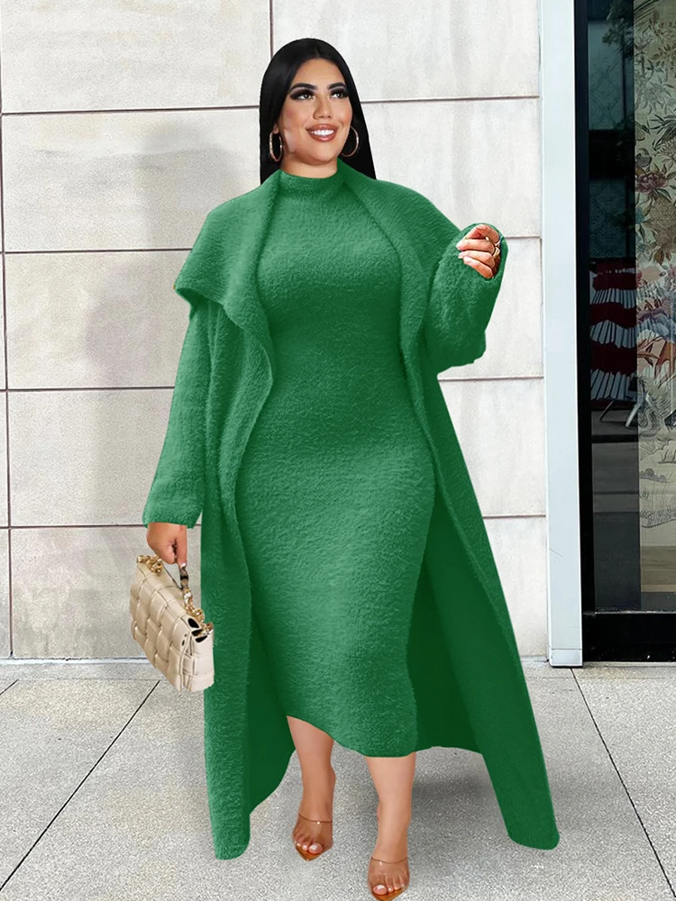 Plus Size Women Clothing Winter Outwear Long Sleeve Thick Overcoat with Dress Two Piece Ladies Large Matching Sets Fleece Suit