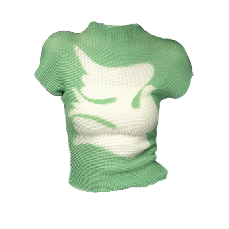 

Green Flying Pigeon Printed Pleated Shirt Women's Summer Half Turtleneck Elastic Slim Skinny Spice Girl Short Sleeve T-Shirt