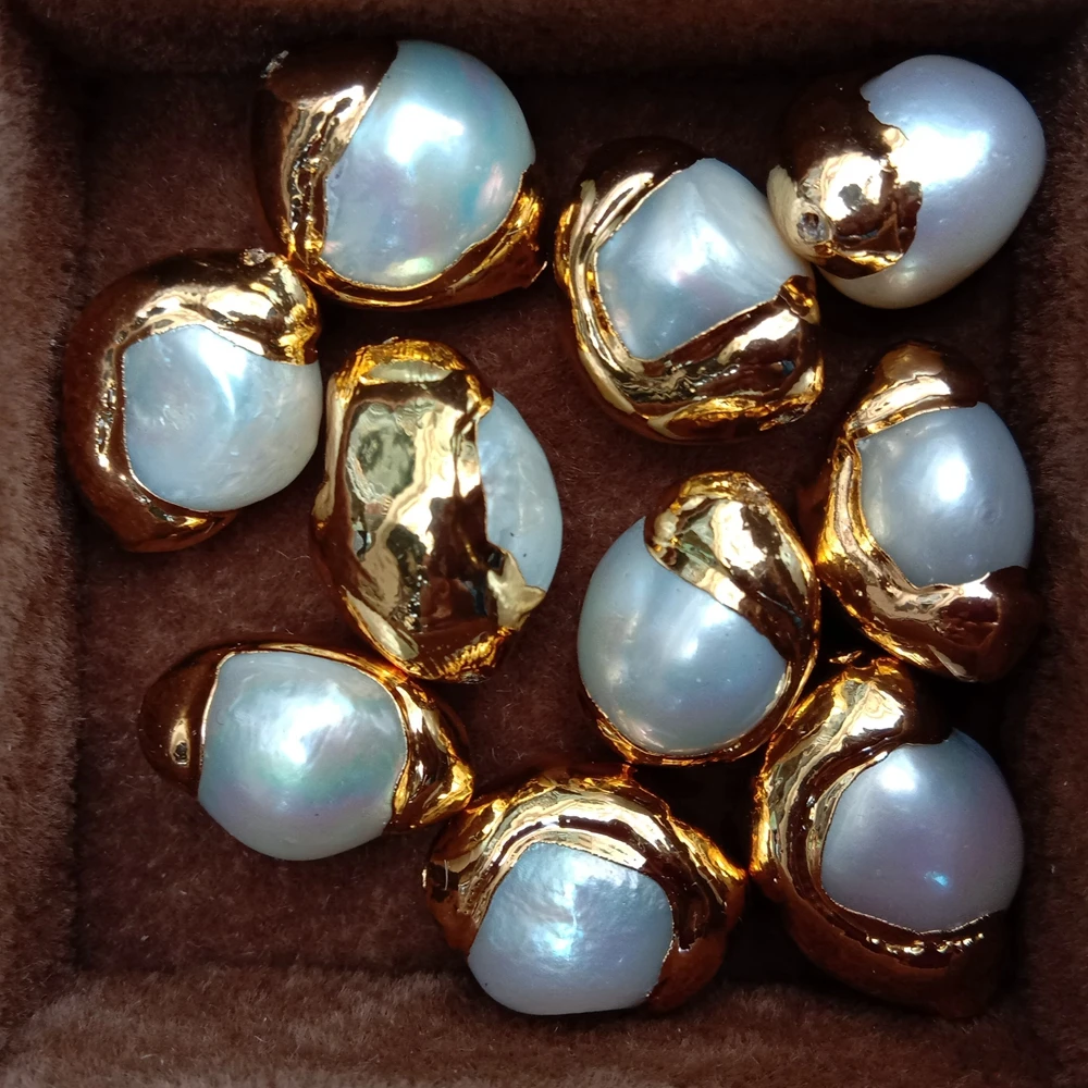 10 Pcs 15x19mm Gold Plated cover Cultured White baroque Pearl Loose Beads For Jewelry Making