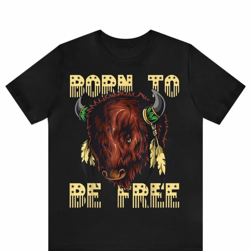 Born To Be Free Native Bison Symbol T-Shirt  American Indian Graphic Tees Native American Pride Shirt Unique Bohemian Style Tops