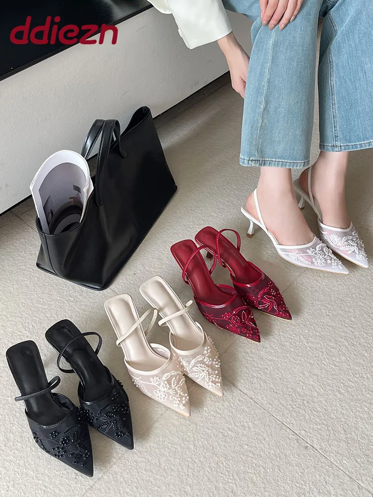 

Fashion Mesh Embroidery Women Pumps Heels Shoes Female Pointed Toe Slingbacks Party Wedding Ladies Heels Shoes New In 2026