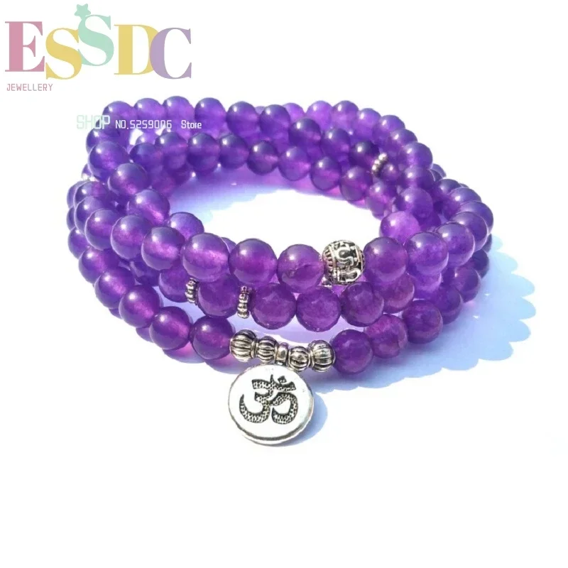 New Products 8mm Natural Violet Crystal 108 Mala  or Necklace with OM Pendant Snowflake Yoga Meditation Energy Bracelet