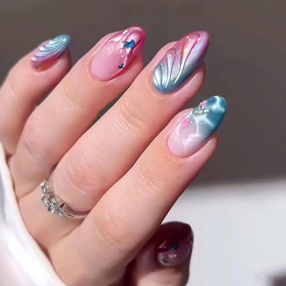 24pcs Almond Style Press-On Nails with 3D Designs, Glue, and Tools Included