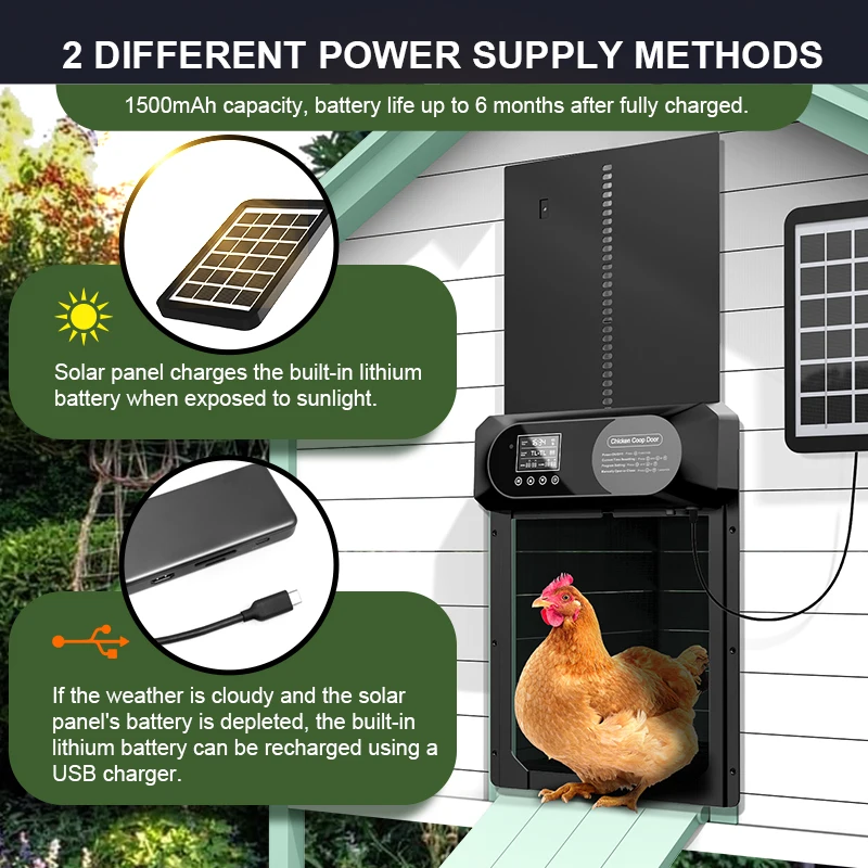 Large aluminum solar powered automatic chicken coop door with anti pinch function, timer, and LCD display