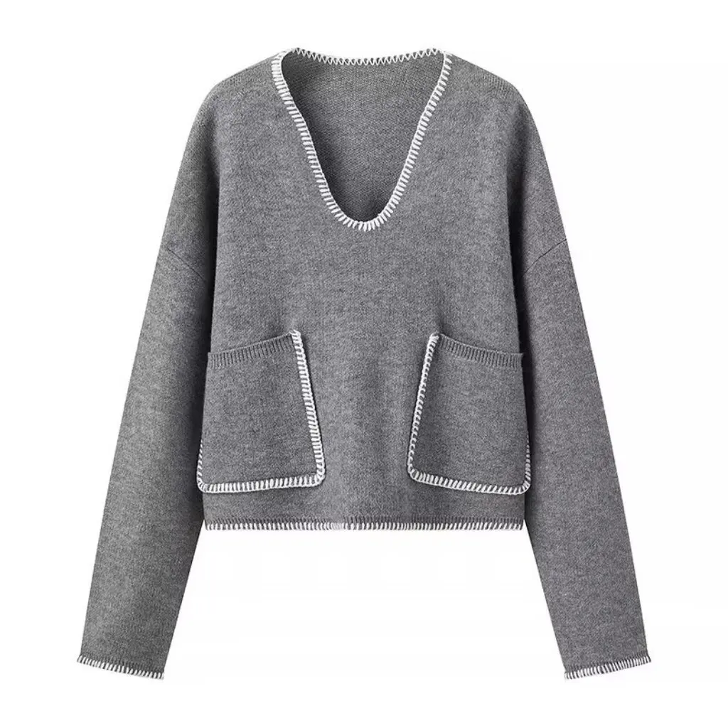 

Women's V-Neck Long Sleeve Sweater Spring Urban Casual Double Pocket 24 JJ European American Style