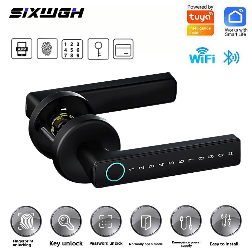 

SIXWGH Smart Biometric Keyless Entry Fingerprint Door Lock for Bluetooth Wi-Fi Enabled Tuya APP Control Temporary Password
