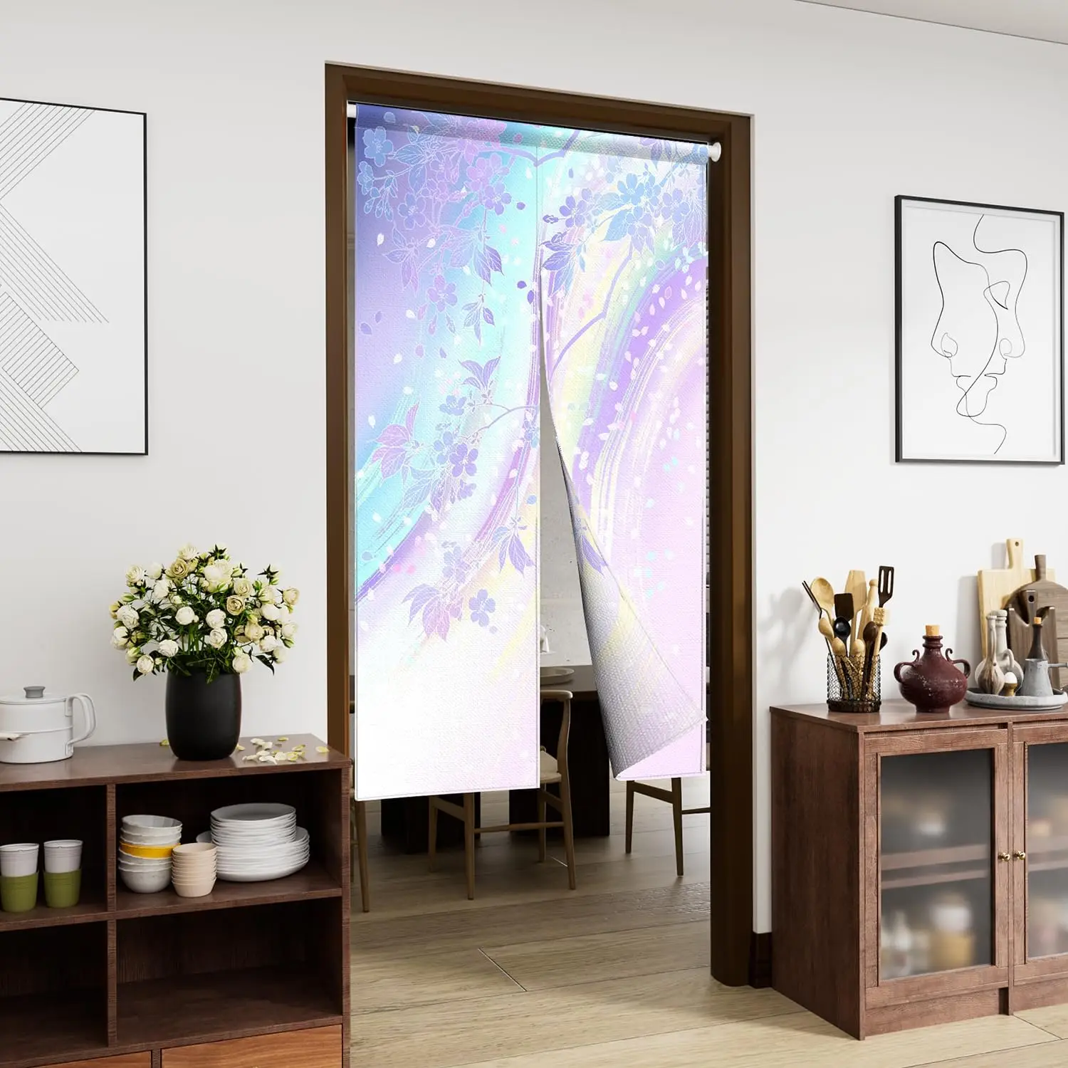 Dreamy Sakura & Swirl Door Curtain, Pastel Holographic Cherry Blossom Pattern, Waterproof Washable Noren Curtain for Bedroom