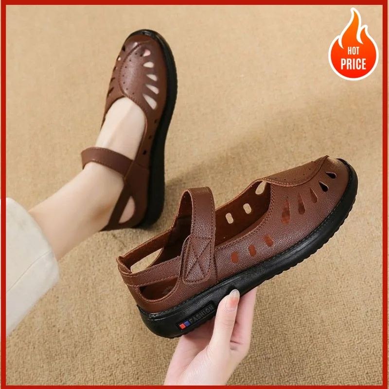 Women's Summer New Soft Sole Hollow-Out Breathable Mother's One-Strap Sandals, Versatile and Comfortable Casual Flat Shoes