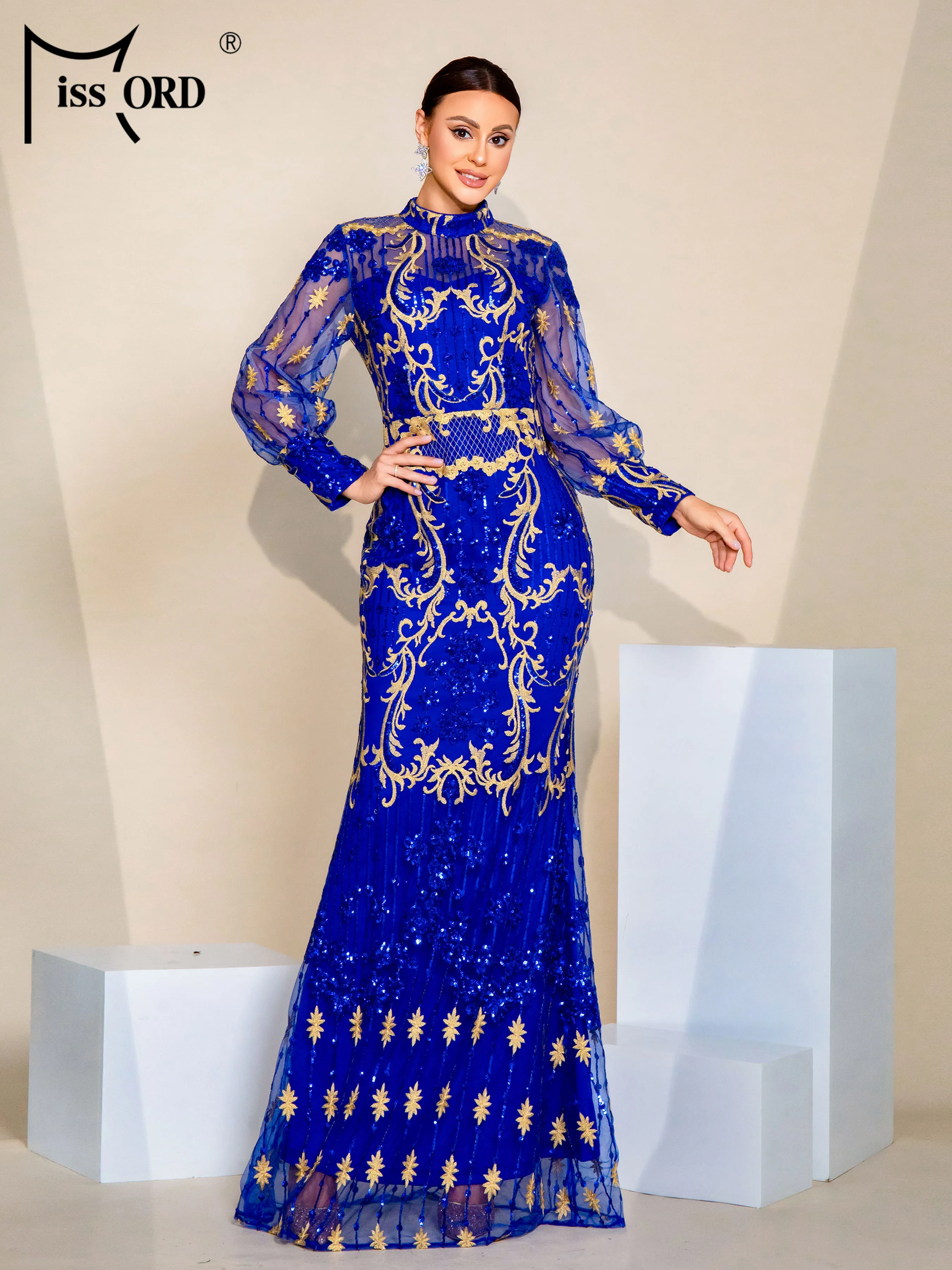 Missord New Round Neck Blue Lantern Sleeves Sequin Mermaid Evening Ethnic Style Wedding Birthday Party Prom Dress