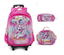 School Rolling Backpack for Girls School Wheeled Backpack Set Lunch bag Pen Bag Elementary School Bookbag Satchel With Trolley