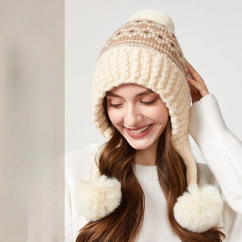 Autumn and Winter Warm Wool Hat, Cute Three-hair Ball Riding Ear Protection, Small Face, Thickened Cold-proof Pullover Hat