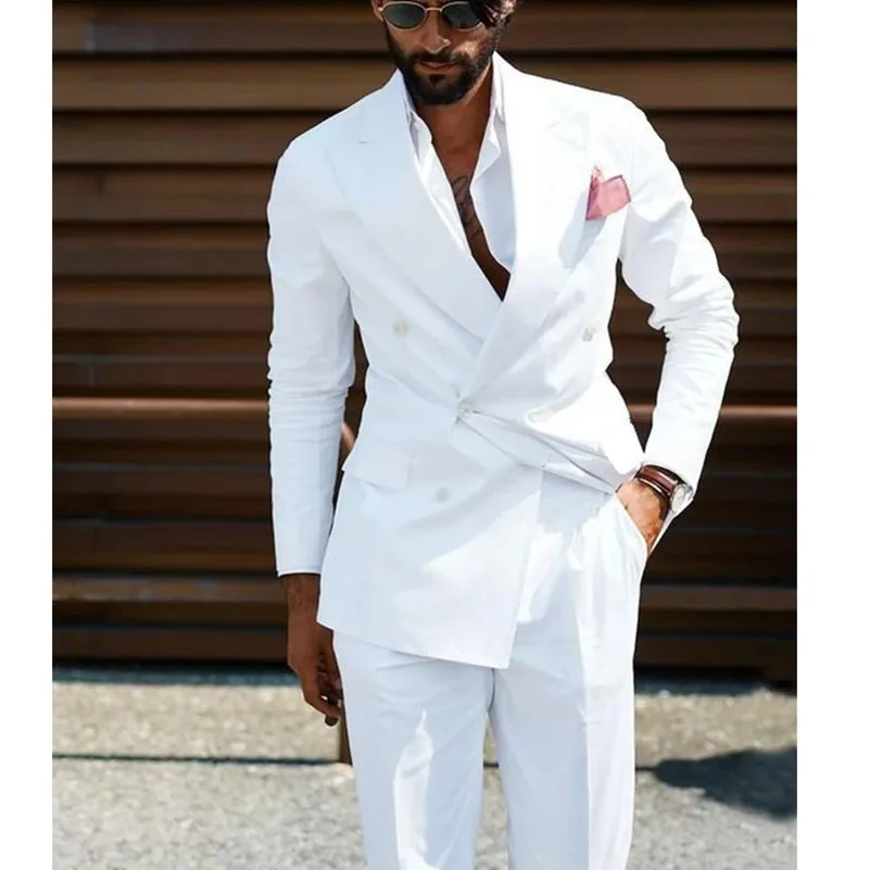 Nova moda masculina ternos branco fino ajuste do noivo casamento smoking 2 peça estilo casual blazer jaqueta com calças traje homme