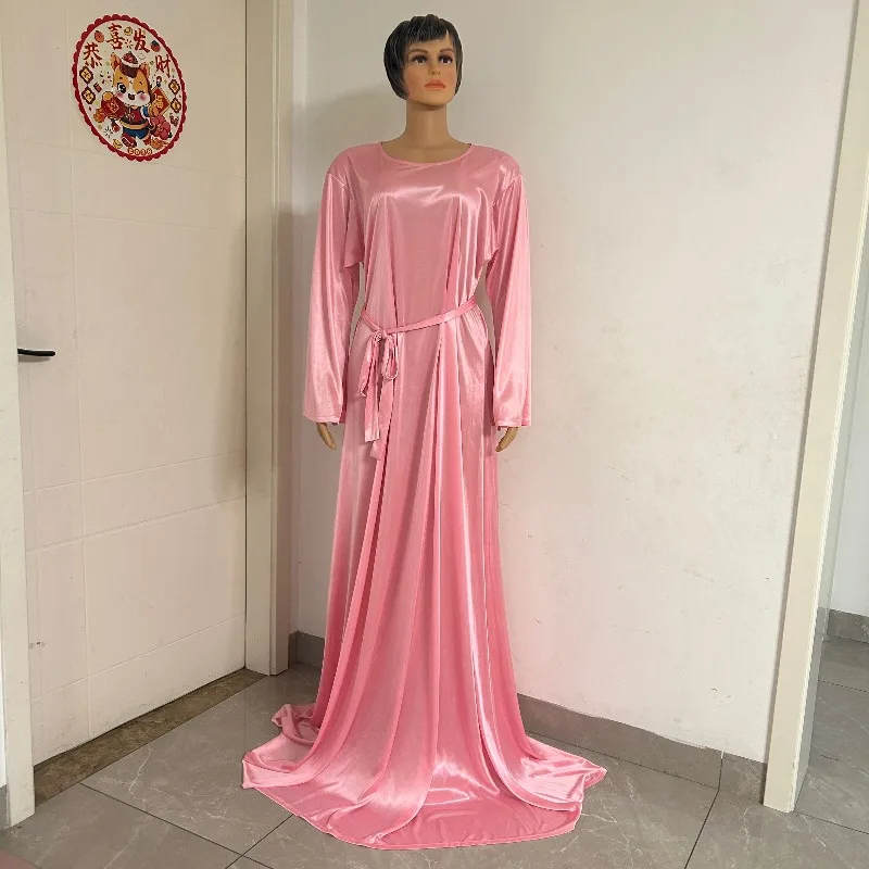 Bata de dormir rosa de 1.2-2m, brillante, sexy, para hombre y mujer, de satén, suave y sedoso al tacto, vestido largo de manga larga, holgado, talla grande.