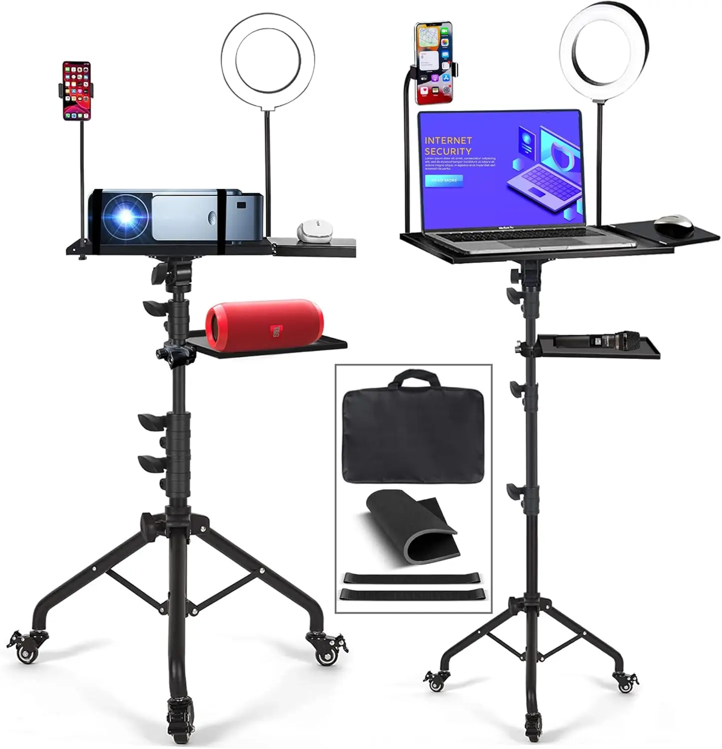 

Portable Projector Tripod Stand with Wheels, LED Ring Light for Live Streaming and Online Meetings