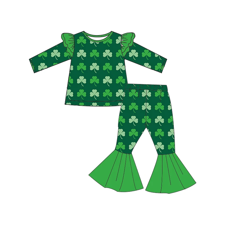 Boutique children's suits St. Parker's Day four-leaf clover cartoon print long-sleeved lace trousers girls' set