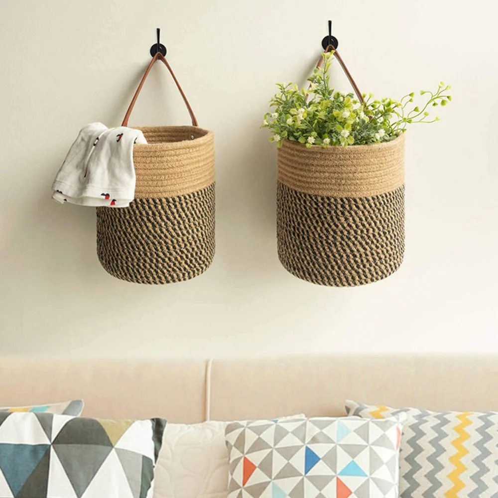 Wall Hanging Woven Jute Cotton Flower Basket Pot Planter Home Storage Baskets For Kitchen Tableware Bathroom Sundries Organizers