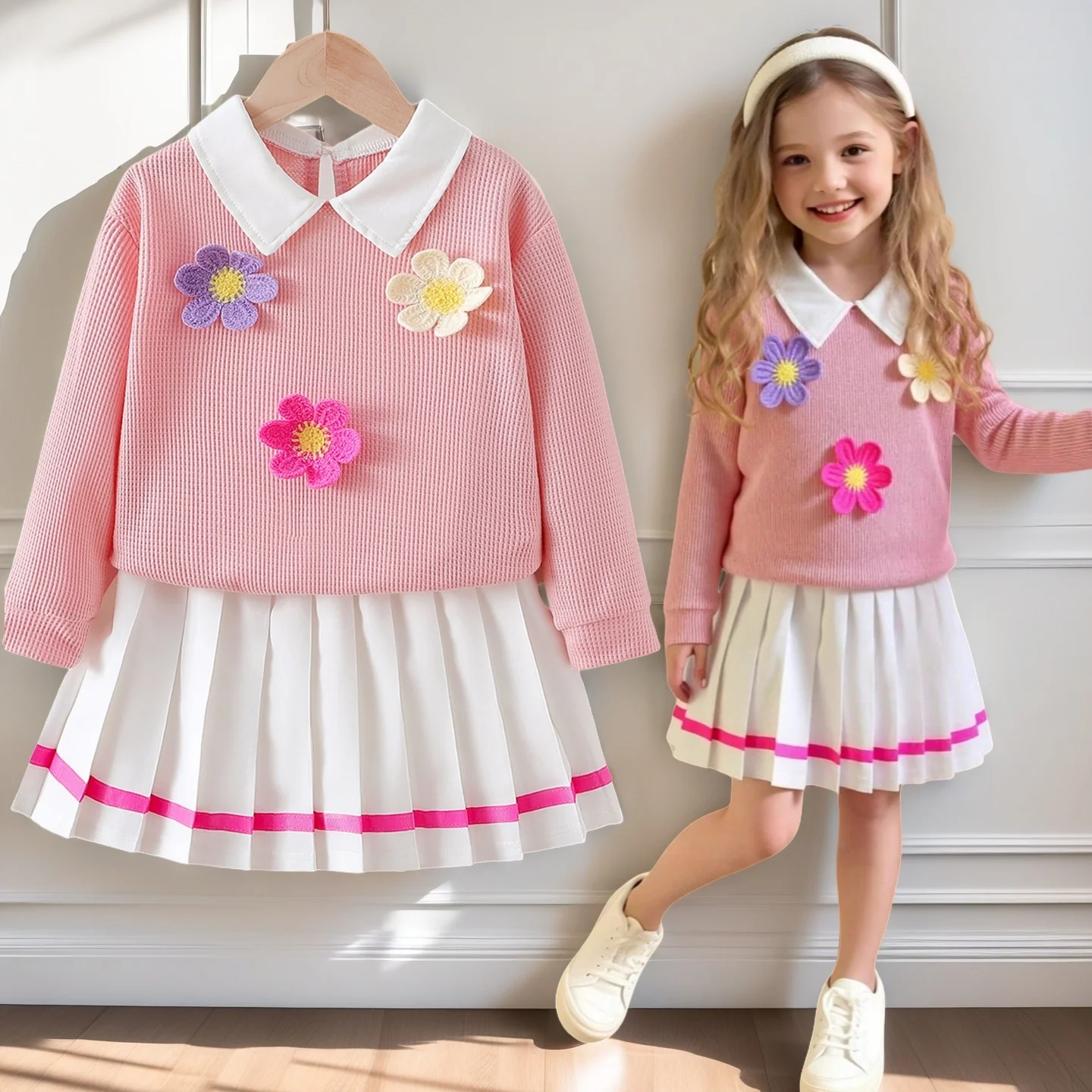 

2025 Baby Clothes Girls 2 Pcs Set Autumn Outfits Long Sleeves Pink Shirt + Pleated Skirt Children Clothing For 4 5 6 7 Years