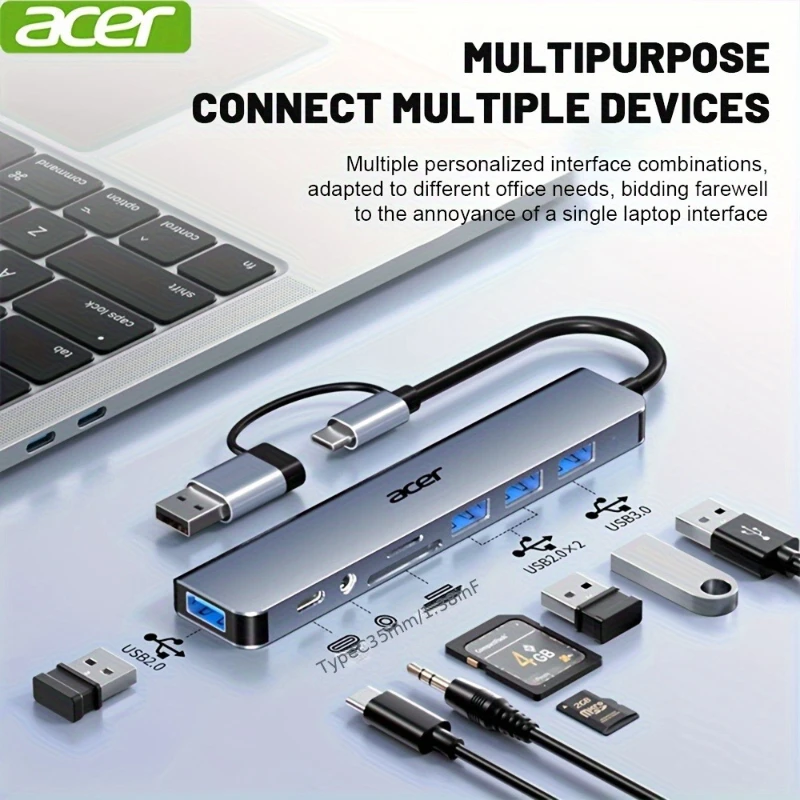 

ACER HY41-T8 Двойной интерфейсный концентратор 8-в-1 имеет комплексный двойной интерфейс USB/type-c, подходит для мобильных телефонов, компьютеров.