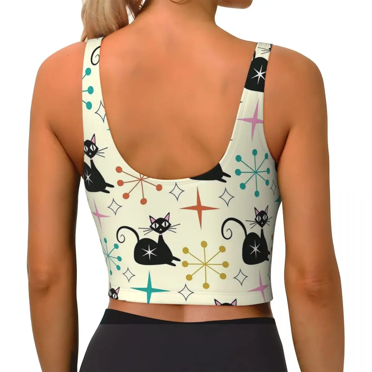 Custom Mid Century Black Atomic Cat With Starbursts Women Sports Bras High Impact Vest Gym Workout Yoga Crop Tank Tops