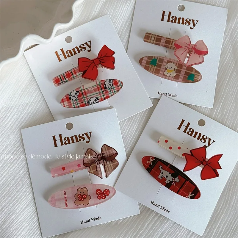 Plaid Bow Oval Animal Barrettes Sweet Bang Clip Forehead Hair Clip for Broken Hair Barrettes Headdress Hair Accessories