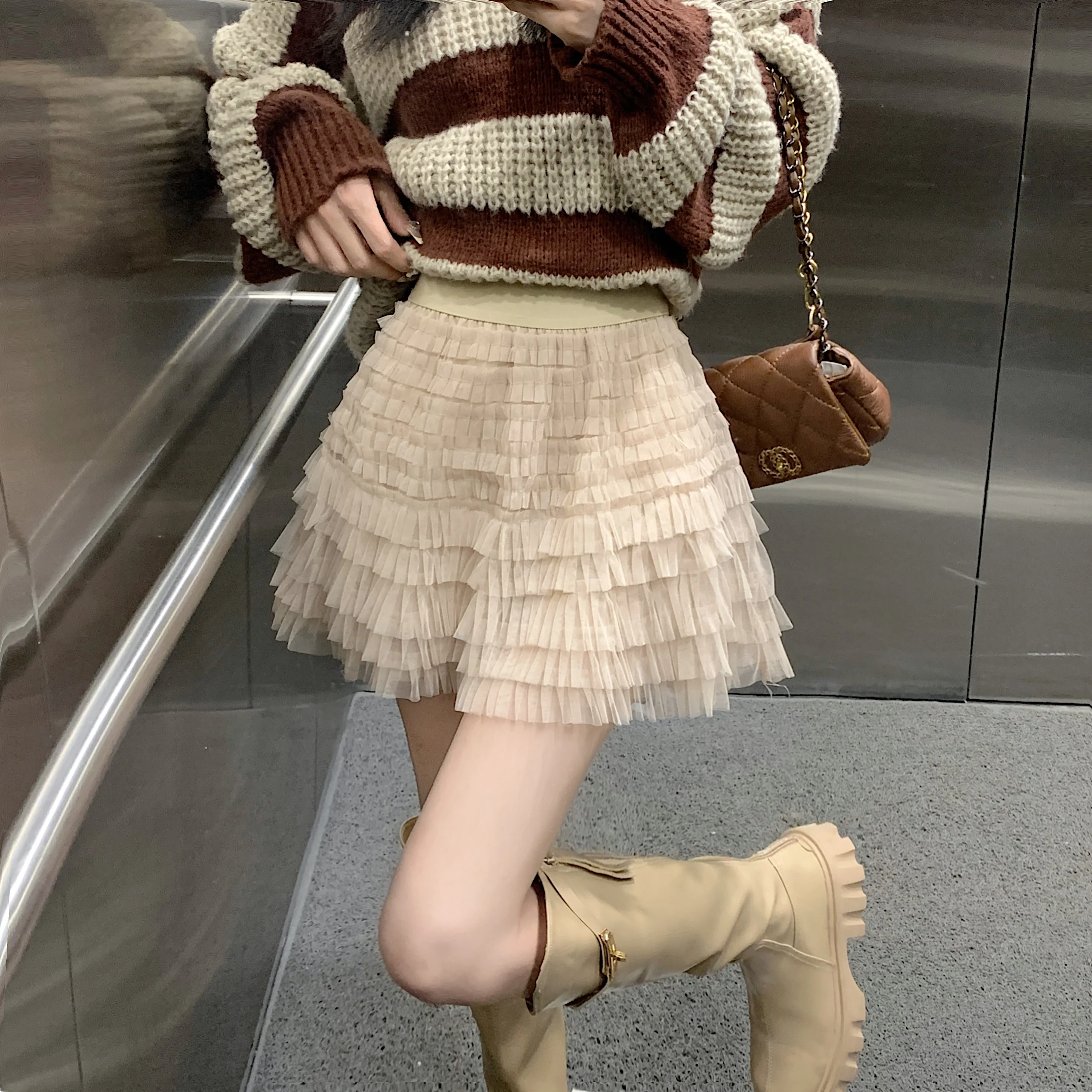 

Ele Юбка-торт с высокой талией или юбка-трапеция Многослойная юбка Princ Пушистый дизайн Полиэфирное волокно Чистый цвет Универсальный Sle